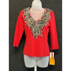 Ruby Rd Red Fringe Confetti Trim Sweater Ladies N Whimsical Fitted Boho NWT
